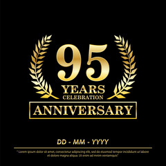 95th years anniversary celebration emblem. elegance golden anniversary logo isolated with laurel wreath awards on black background. vector illustration template design