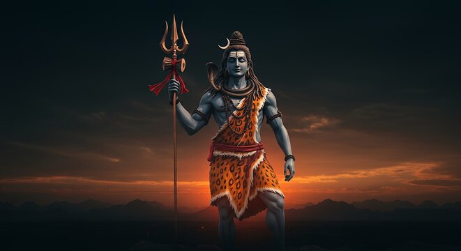 Lord Shiva Holding Trident Against Dramatic Sunset Sky Backdrop Illustration