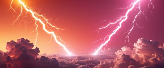 Dual lightning bolts striking through a cloudy orange pink gradient