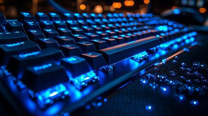 Illuminated gaming keyboard close-up.
