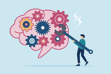 Brain intelligence, fix or adjust creativity thinking, wisdom or improve knowledge learning, tune attitude level or idea development concept, man using wrench adjust gear cogwheels in human brain.