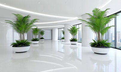 Modern Office Interior with Lush Green Plants and Natural Light Displaying an Elegant and Spacious Ambiance in a Contemporary Urban Setting