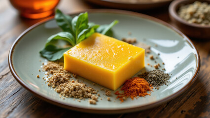 A slice of yellow cheese topped with spices on a plate.