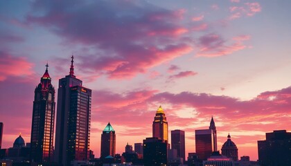 Obraz premium City Skyline Sunset Pink Cloudscape Urban Landscape