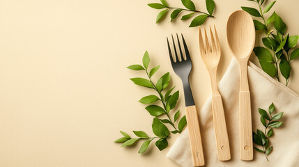 Flat lay of bamboo cutlery with green leaves and linen napkin