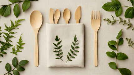 Flat lay of bamboo cutlery with green leaves and linen napkin