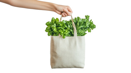 Reusable canvas tote bag filled with fresh greens held by hand against white background