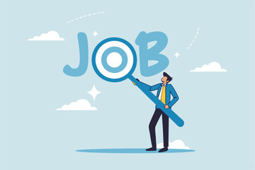 Job search, employee finding new job, career opportunity, employment or recruitment, applicant or candidate search online website concept, businessman magnifying glass searching for new job.