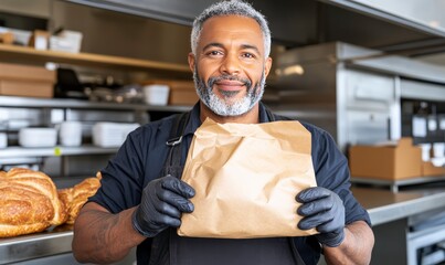 Fototapeta premium Happy male chef presenting takeout order in kitchen environment with fresh baked goods and warm atmosphere, promoting local restaurant service with smile