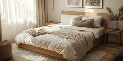 Obraz premium a cozy bedroom with a wooden bed, a bedside table with a vase, and a window with curtains 