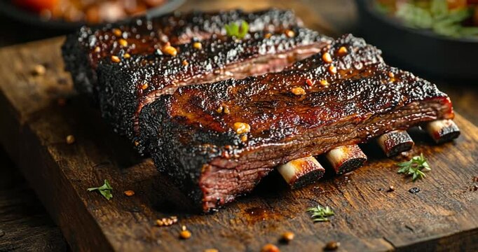 Grilled ribs on wooden board, delicious BBQ, dark rustic background, close-up, food photography, possible use for restaurant menu or cookbook