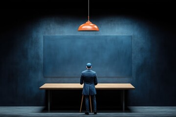 Man facing blank art canvas in dark room