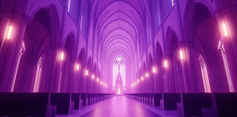 An illuminated grand church interior bathed in purple light