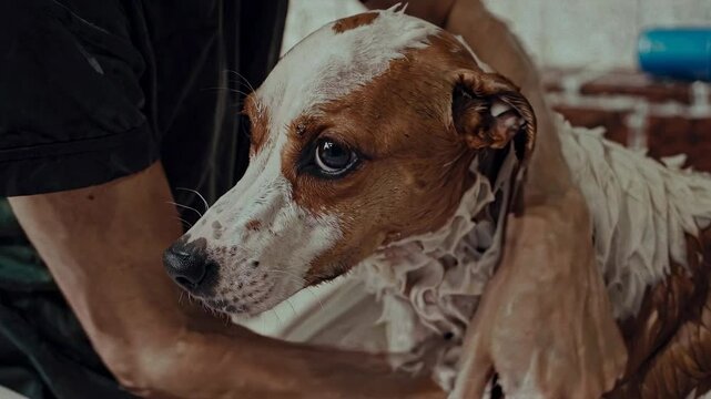 Un perro cubierto de espuma recibe un ba&ntilde;o con cari&ntilde;o por parte de su due&ntilde;o, en un entorno dom&eacute;stico de cuidado.