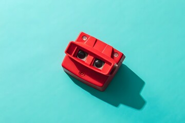A flat lay image of a red View-Master toy, centered on a solid teal background, with an empty space to the right