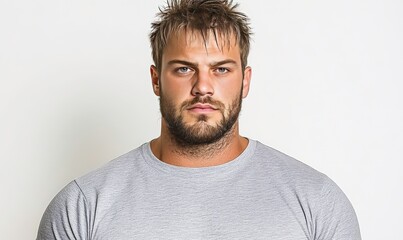 Fototapeta premium Serious young man with short hair wearing a grey shirt standing against a neutral background, conveying strength and determination in a portrait composition