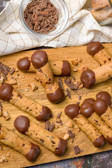 Sticks shortbread dipped in chocolate. Home made cookies.