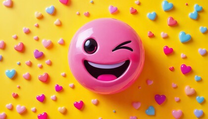 Winking Smiley Face Emoticon with Hearts Background
