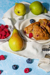 Pear and raspberry scones. Fresh pastries.