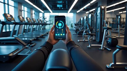 Person using smartphone fitness tracking app inside modern gym with treadmills and workout machines in background
- Powered by Adobe