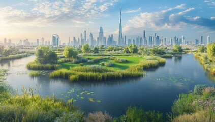 Fototapeta premium Scenic view of a city skyline next to a lush green landscape