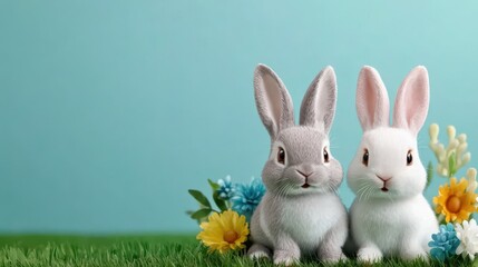 Obraz premium Playful rabbits among colorful flowers outdoor setting animal photography spring vibes close-up view cheerful atmosphere