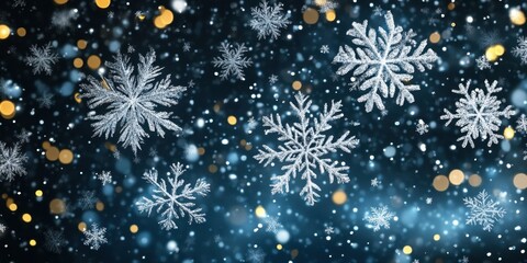 Beautiful snowflakes gently falling down over a dark winter backdrop