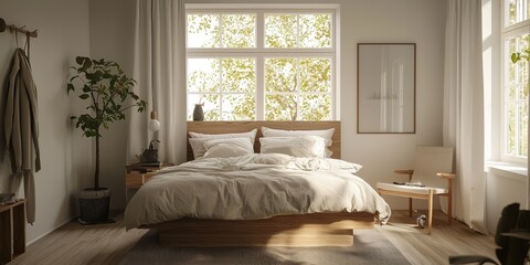 Fototapeta premium a bedroom with a bed, a bedside table, and a chair 