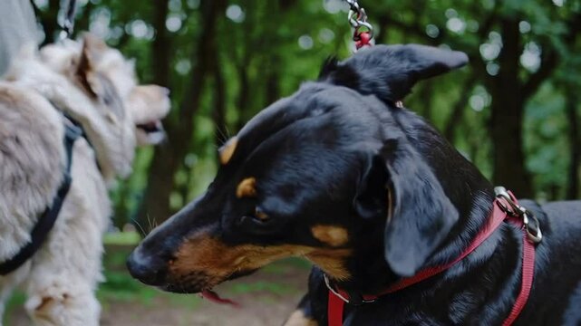Perros de diferentes due&ntilde;os se saludan y juegan mientras est&aacute;n con correa en un parque arbolado al aire libre.