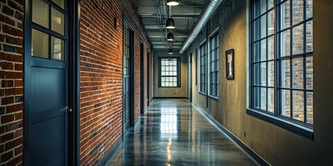 a long hallway with brick walls and large windows 