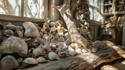 shells and driftwood in a beach hut 