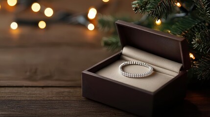 Sparkling diamond bracelet in a luxurious box, placed under a beautifully lit Christmas tree