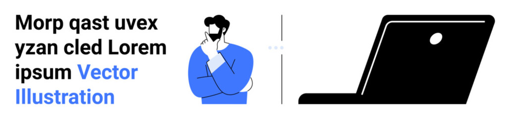 Person thoughtfully posing alongside a laptop, emphasizing decision-making and problem-solving. Ideal for creativity, business strategy, remote work, technology, innovation, focus, simple landing