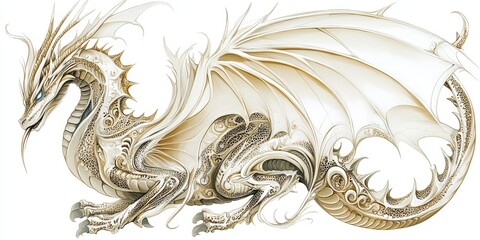 A detailed illustration of a majestic white fantasy dragon resting