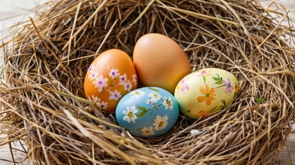 Obraz premium A nest of straw with Easter eggs decorated