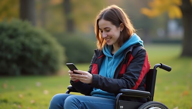 Woman in Wheelchair Using Smartphone in Park Enjoying Accessible Technology - Powered by Adobe
