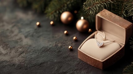 Elegant diamond jewelry set in a heartshaped box, with golden baubles and holly leaves in the background