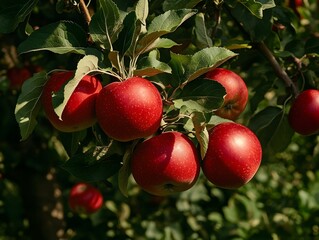 Juicy red apples hanging on a branch in an orchard bathed in sunlight.