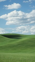 Serene landscape of rolling green hills under a bright blue sky with fluffy white clouds. Perfect for nature, travel, and environmental themes.