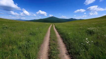 Obraz premium Serene mountain path through grassy meadow