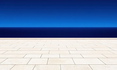 Fototapeta premium Expansive Ocean View with Clear Blue Sky and Tiled Terrace, Ideal for Relaxation and Tranquil Seaside Retreat, Perfect for Travel and Leisure Themes