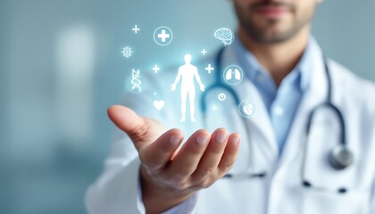 Doctor Holding Healthcare Icons, Promoting Health and Wellness in Medical Concept