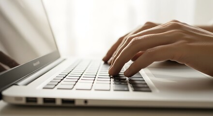 Close-up of hands typing on a modern laptop keyboard, focusing on productivity