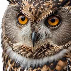 "A photorealistic close-up of an owl&rsquo;s face, showing intricate feather details, sharp beak, and deep, mysterious eyes, isolated on a white background."