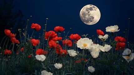 Serene moonlit night scene featuring vibrant red and white flowers, creating a magical atmosphere.