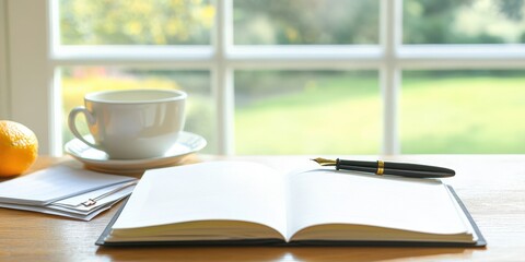 Fototapeta premium Morning writing routine cozy home office image of coffee and notebook bright natural light creative inspiration