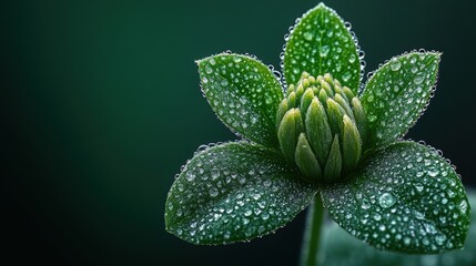 Close-up of a green flower with dew drops on its leaves, set against a dark background