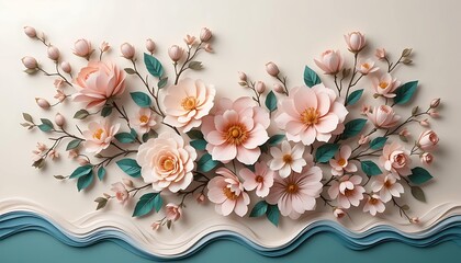 Elegant cherry blossoms in peach color bloom on layered waves on a soft background.