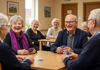 A group of happy seniors share laughter while playing cards at a community center.