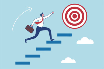 Step or progress to success and reach goal target, leadership to improve personal development, ladder or staircase to achieve goal, aspiration or career path, businessman run up stair to success.